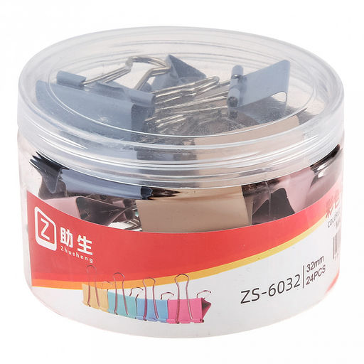 Зажим для бумаги 32мм металл, цвет - цветные, набор 24 штук, в пластиковой банке д9,8см h6,2см (Китай)