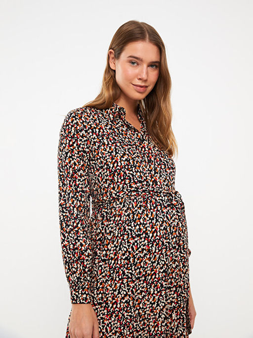 G?mlek Yaka Desenli Uzun Kollu Viskon Hamile Elbise