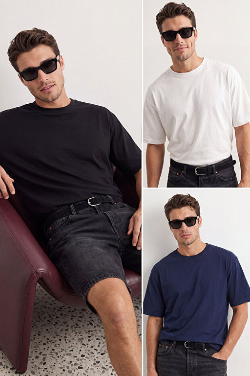 Unisex Siyah-Beyaz-Lacivert Oversize/Geni_ Kesim 3l_ Paket %100 Pamuk T-Shirt TMNSS24TS00026
