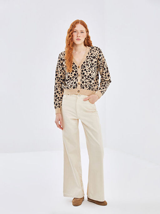 V Yaka Leopar Desenli Kad?n Triko H?rka