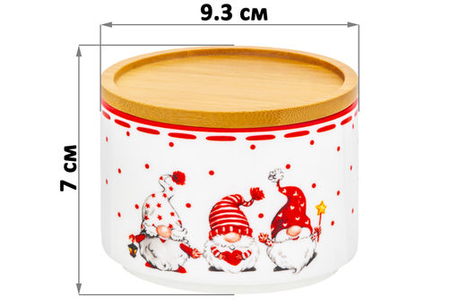 Банка д/хранения 250 мл 9,3*9,3*7 см Весёлые гномики + дер. крышка-подставка с крыш. с сил. уплот. - Elan gallery фото 2