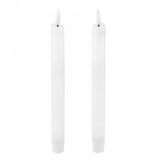 Свеча столовая, восковая, светодиодная на батарейках "Столовая" д2,2см h22,3(25)см, свет теплый, с мерцанием, цвет белый, питание от 2-х батареек ААА (в комплект не входят), 2 штуки в ПВХ коробке (Китай)