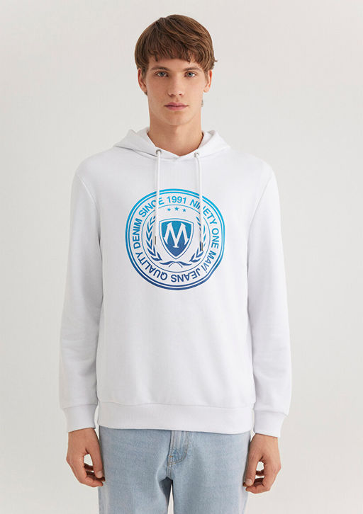 Muhur Logo Bask?l? Kapusonlu Beyaz Sweatshirt - Mavi фото 4