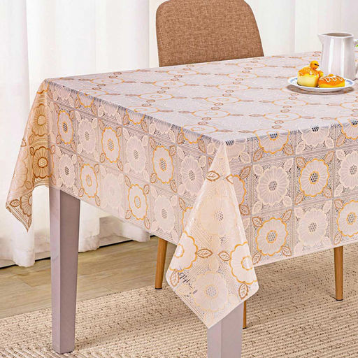 LACE Клеенка столовая ажурная ПВХ 1,37х20м Мальтийское кружево бежевый фон, цветное тиснение, матовая, на пленке (Китай) Цена указана за 1 м/п. В рулоне 20м. - Домашняя мода фото 2