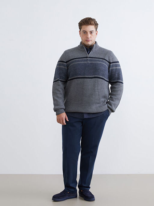 Dik Yaka ?izgili Erkek Triko Kazak