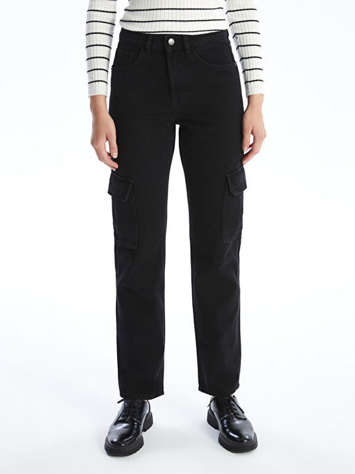 Straight Fit Kad?n Kargo Jean Pantolon