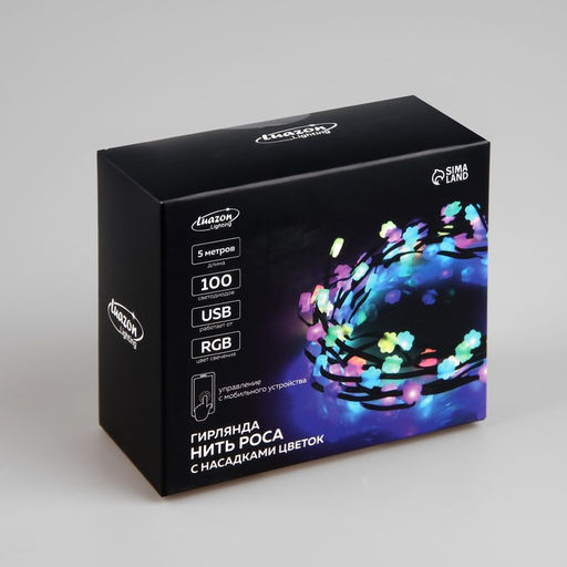 Умная гирлянда Нить 5 м роса с насадками Цветочки, IP20, тёмная нить, 100 LED, пульт ДУ, приложение, свечение RGB, USB - Luazon lighting фото 12