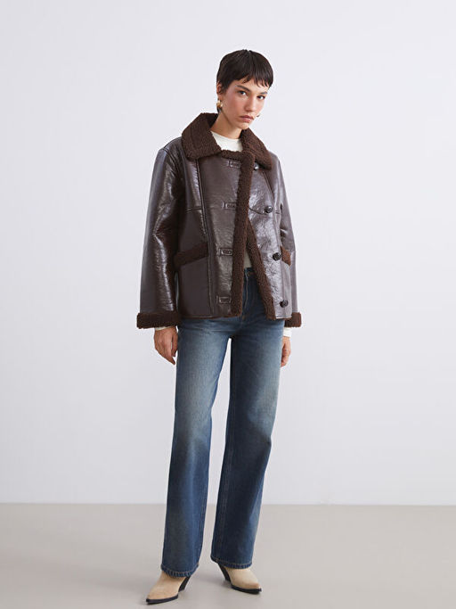 Pel?? G?mlek Yaka Kad?n Deri G?r?n?ml? Mont