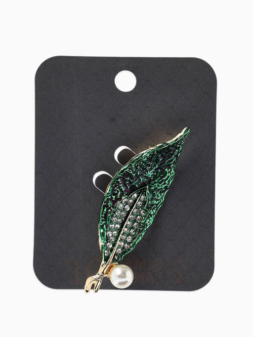 Брошь «Лист» жемчуг, стразы, цвет зелёный в золоте