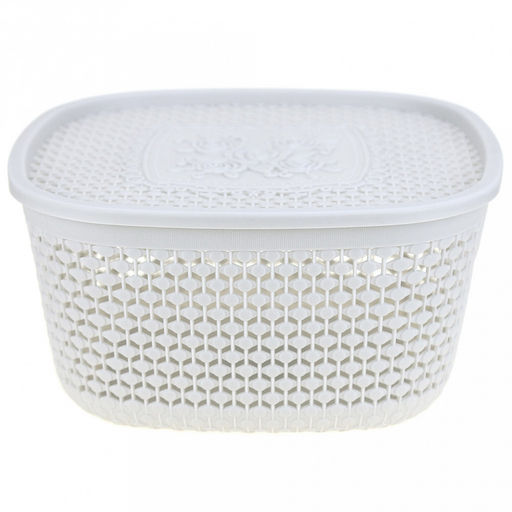 "Домашняя мода" Корзина-ящик пластмассовая "Оренбургская сеточка" 22,5х22,5см h11,5см, крышка с декором, с ручками, светло-серый (Китай)