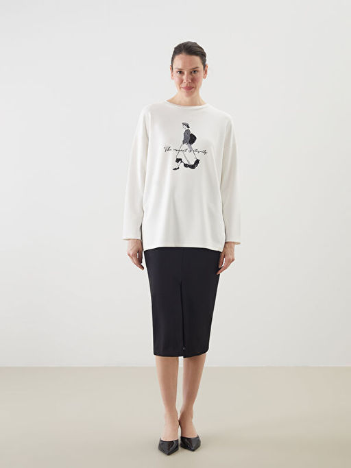 Bisiklet Yaka Bask?l? Oversize Kad?n Sweatshirt Tunik
