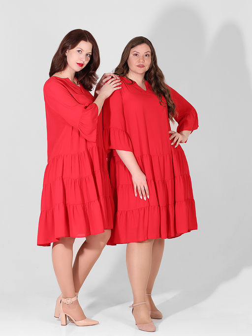 Платье-двойка свободное нарядное больших размеров красное - Almond фото 2
