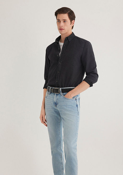 Siyah Denim Gomlek - Mavi фото 2