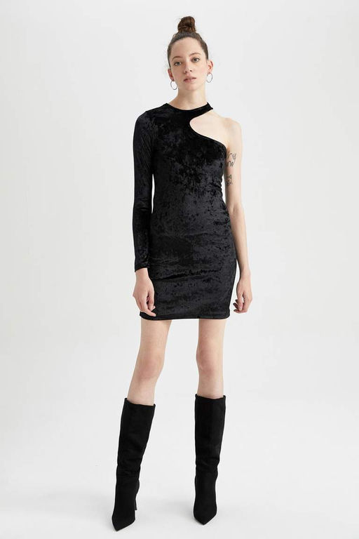 Облегающее велюровое мини-платье на одно плечо с длинными рукавами - Defacto фото 6