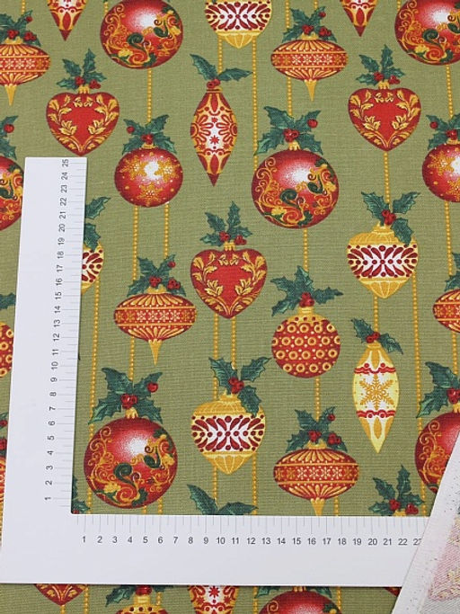 Рогожка Рождественские игрушки цв.оливковый, ш.1.5м, хлопок-100%, 165гр/м.кв - Купава фото 3
