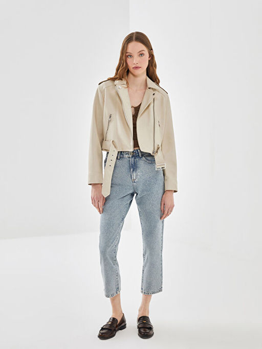 Biker Yaka Kad?n Deri G?r?n?ml? Ceket