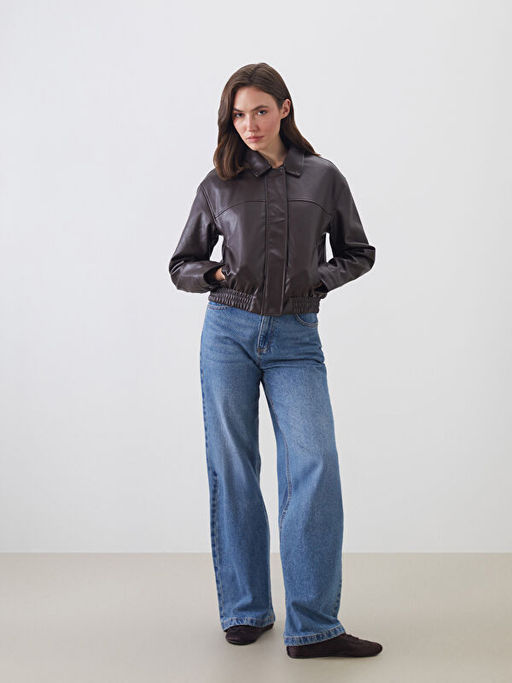 G?mlek Yaka Kad?n Deri G?r?n?ml? Ceket