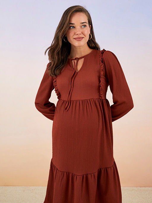 Ba?lamal? Yaka D?z Uzun Kollu Hamile Elbise