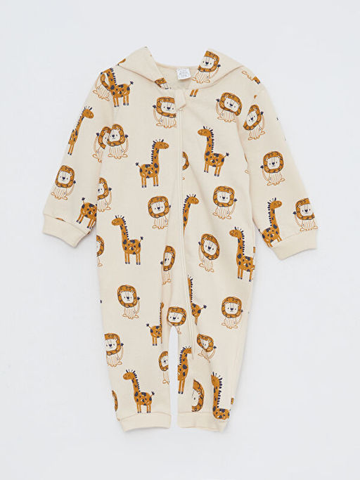 Kap??onlu Uzun Kollu Bask?l? Pamuklu Erkek Bebek Tulum