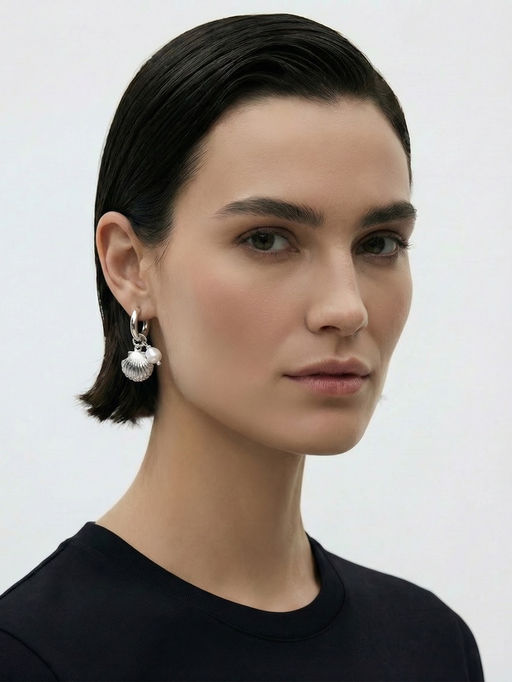 Серьги жемчуг "Ракушка со звездой", цвет белый в серебре