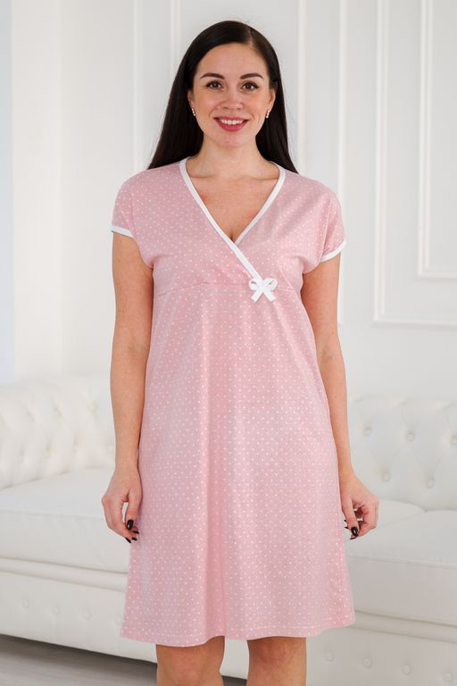Ночная сорочка из кулирки Социал спущенное плечо горошек нежно-розовый - Амадэль фото 4