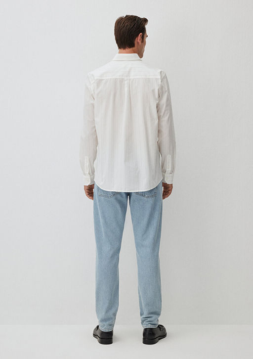 Cizgili Beyaz Gomlek - Mavi фото 4