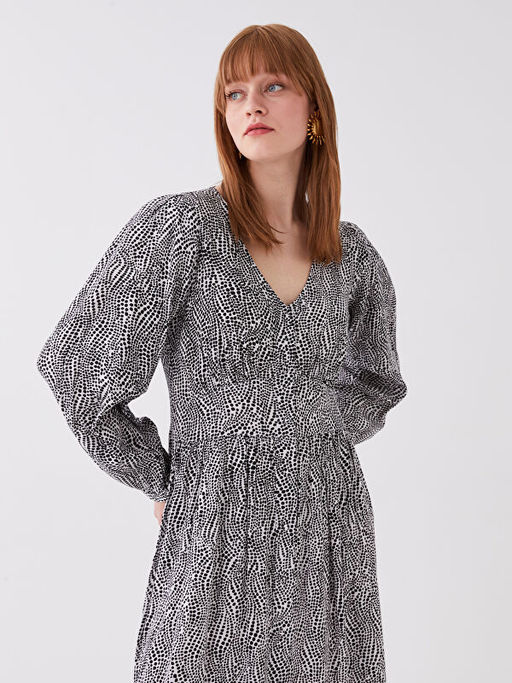 V Yaka Desenli Uzun Kollu Elbise