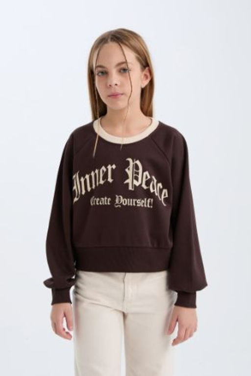 K?z Cocuk Relax Fit Bisiklet Yaka Bask?l? Ici Yumusak Tuylu Sweatshirt