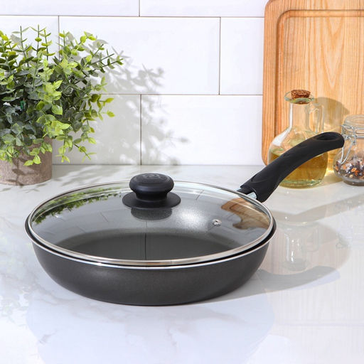 Сковорода «Классика атлас», d=26 см, пластиковая ручка, стеклянная крышка, антипригарное покрытие, алюминий, коричневая