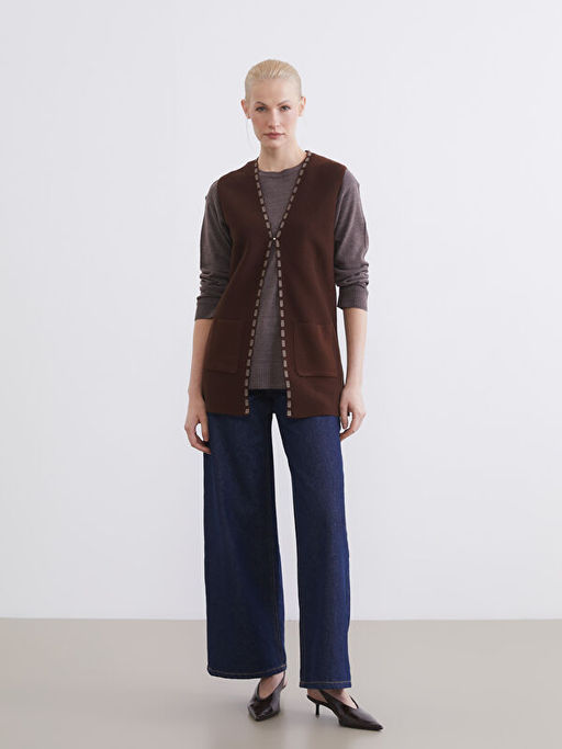 V Yaka Desenli Kad?n Triko Yelek