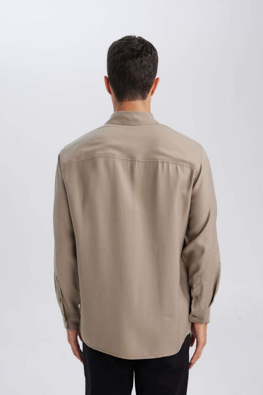 Мужская рубашка цвета хаки с повседневным кроем и воротником-поло из саржевой ткани, смешанная модальная однотонная рубашка с длинными рукавами - Defacto фото 5