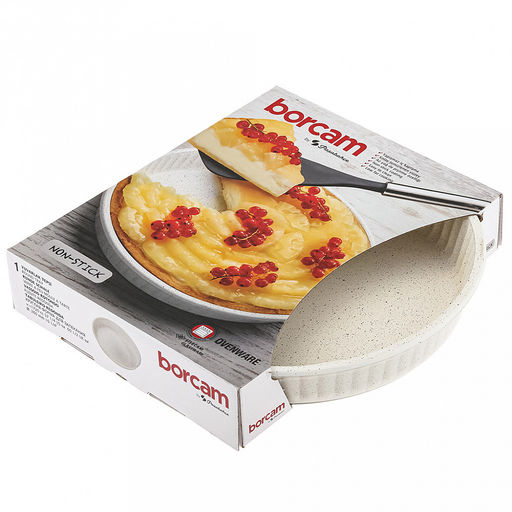 "Боркам (Borcam)" Форма стеклянная жаропрочная 1,72л, д26см, h5см, волнистый бортик, антипригарное покрытие, кремовый, цветная коробка, Pasabahce (Турция)