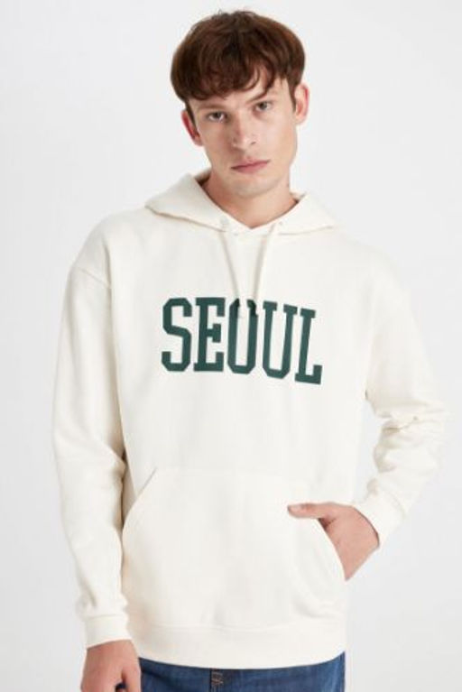 Boxy Fit Kapusonlu Cepli Bask?l? Sweatshirt