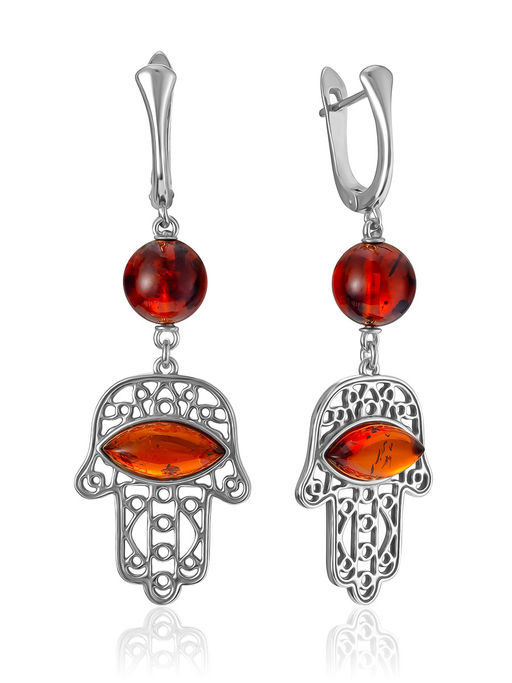 Крупные ажурные серьги с вишнёвым янтарём Хамса