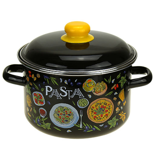 "Pasta" Набор эмалированных кастрюль 3 предмета: 2л. 3л, 4л, цилиндрическая форма, металлическая крышка с пластмассовой ручкой-кнопкой, ободок из нержавеющей стали, черный (Россия)