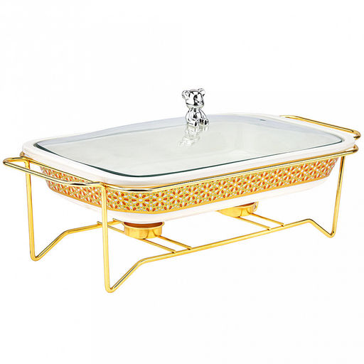 "Мармит Белый" Форма для запекания 1,7л, прямоугольная, 34,2х20,5см h5,8см, керамика с деколью, цвет - белый, стеклянная крышка с пароотводом, пластмассовая ручка-кнопка "мишка", металическая подставка с ручками, с подогревом на 2 свечи 41х20,3х11,5с