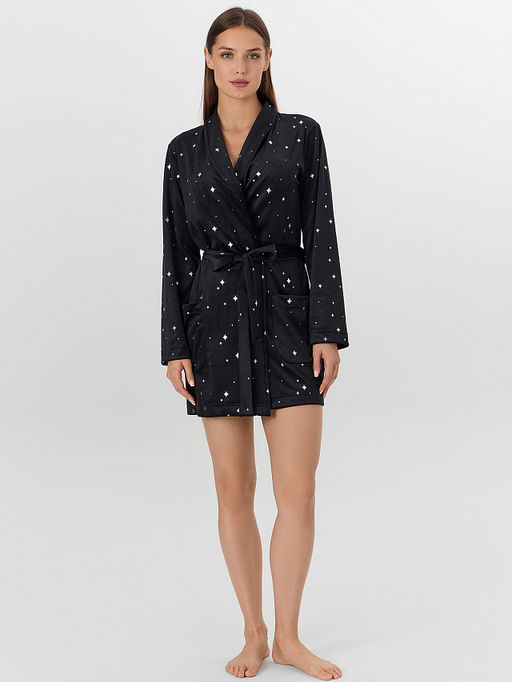 Халат женский черный с узором звезд
