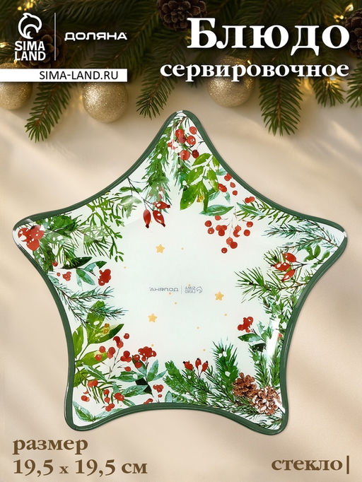 Блюдо новогоднее сервировочное Доляна Еловые ветки, d=19.5 см, стекло, белое, зелёное