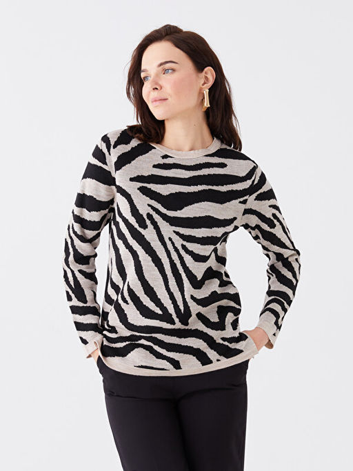 Bisiklet Yaka Bask?l? Uzun Kollu Kad?n Triko Kazak