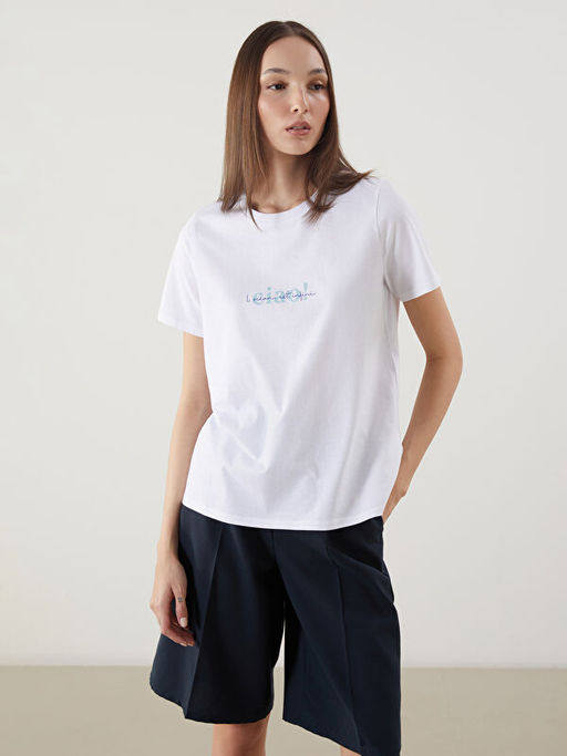 Bisiklet Yaka Bask?l? Penye Kad?n Ti??rt