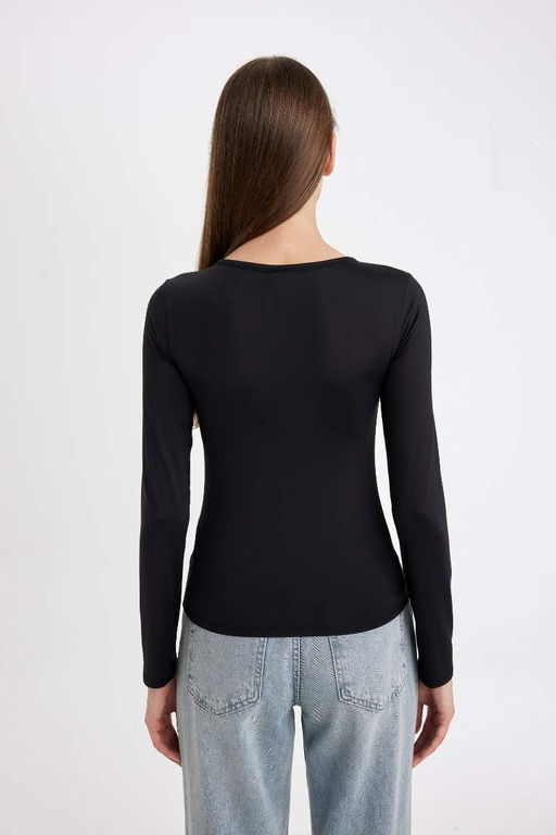 Женская черная облегающая базовая футболка с круглым вырезом и узким вырезом с длинными рукавами - Defacto фото 6