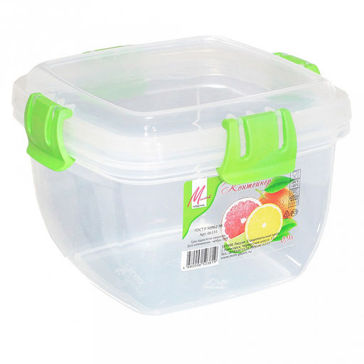 Контейнер для продуктов пластмассовый 0,9л, 14х14х10см, герметичный, силиконовый уплотнитель, 4 защелки (Россия)