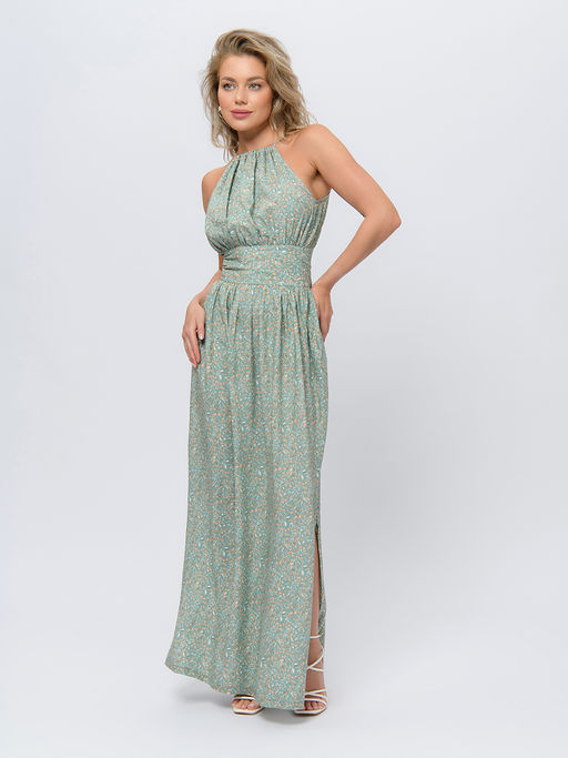 Платье зеленого цвета длины макси без рукавов с фигурным вырезом - 1001dress фото 3