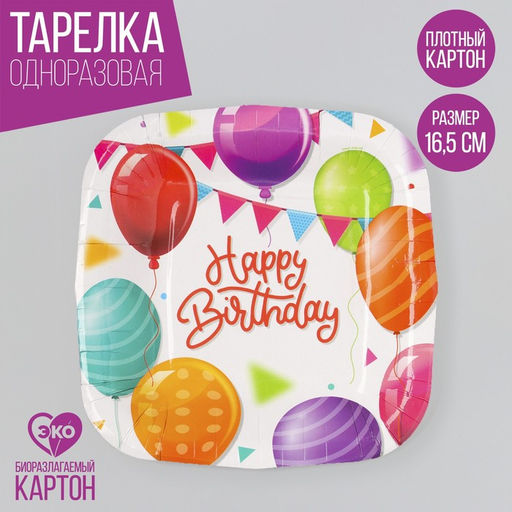 Цена за 10 шт. Тарелка одноразовая бумажная квадратная Happy Birthday, шары, 16,5 х 16,5 см