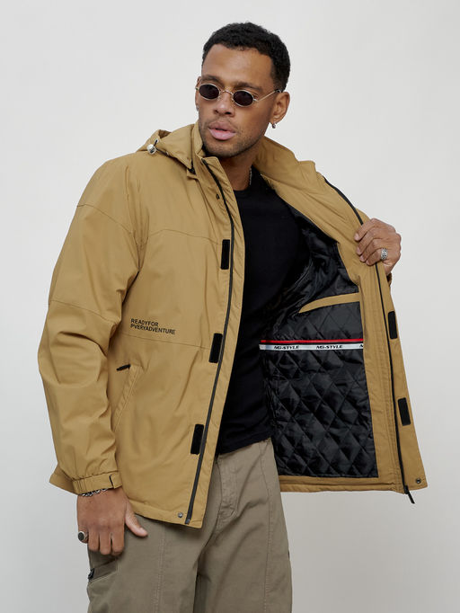 Куртка спортивная мужская весенняя с капюшоном бежевого цвета 88021B