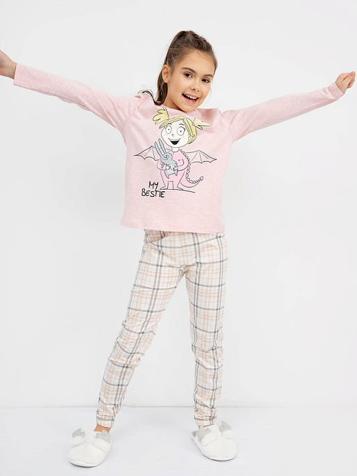 Хлопковая пижама для девочек (лонглсив и брюки) в цвете розовый меланж с серо-бежевой клеткой - Mark formelle фото 2