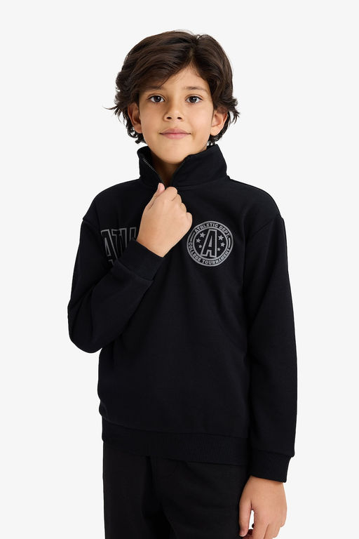 Yar_m Fermuarl_ Dik Yaka S_rt Bask_l_ Sweatshirt Erkek _ocuk - Defacto фото 3