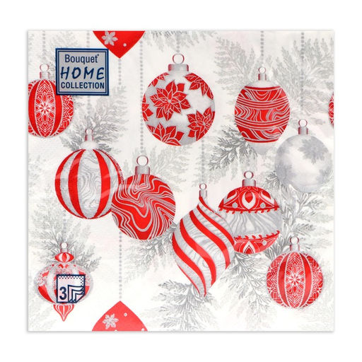 Цена за 2 шт. Салфетки новогодние бумажные Home Collection Красные игрушки на серебре, 3 слоя, 33?33 см, 20 шт.