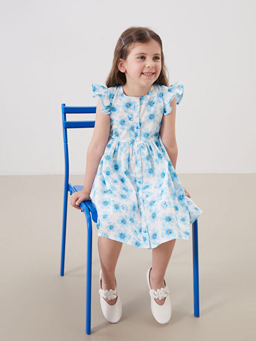?nden D??meli ?i?ekli K?z ?ocuk Poplin Elbise