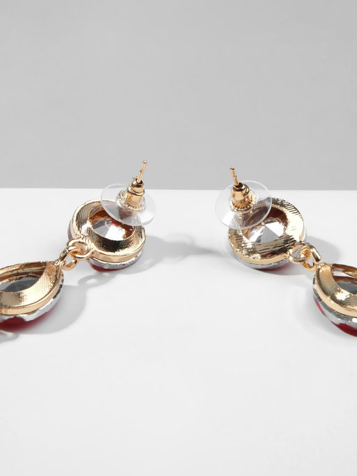 Серьги висячие со стразами Драгоценность капли, красные в золоте, 9.5 см